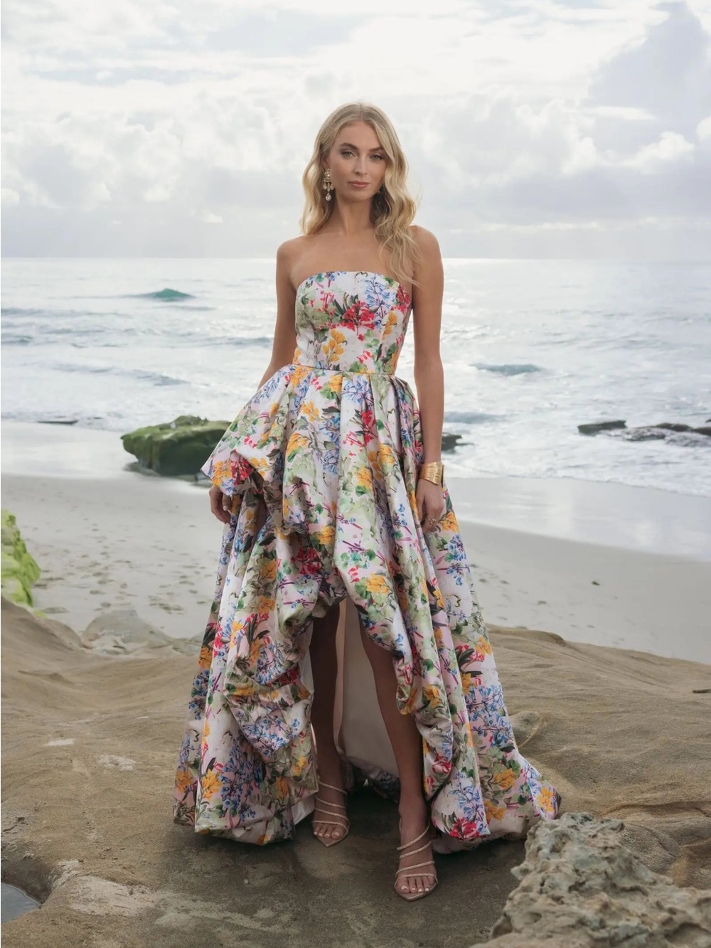 Mac Duggal 11991 Multicolor Strapless Floral High Low Bubble Hem Gown sz 10 NWOT